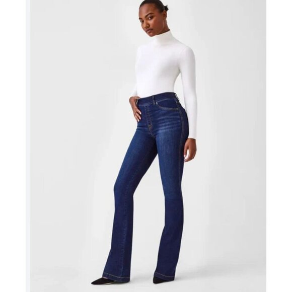 SPANX Denim Stretch Flare jeans Dark Wash Pull On Shapewear Medium - Picture 1 of 12